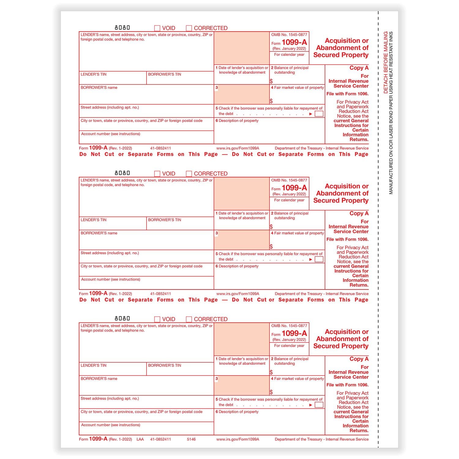 1099-A Federal Copy A, 50 sheets, 3 forms per sheet, 150 forms