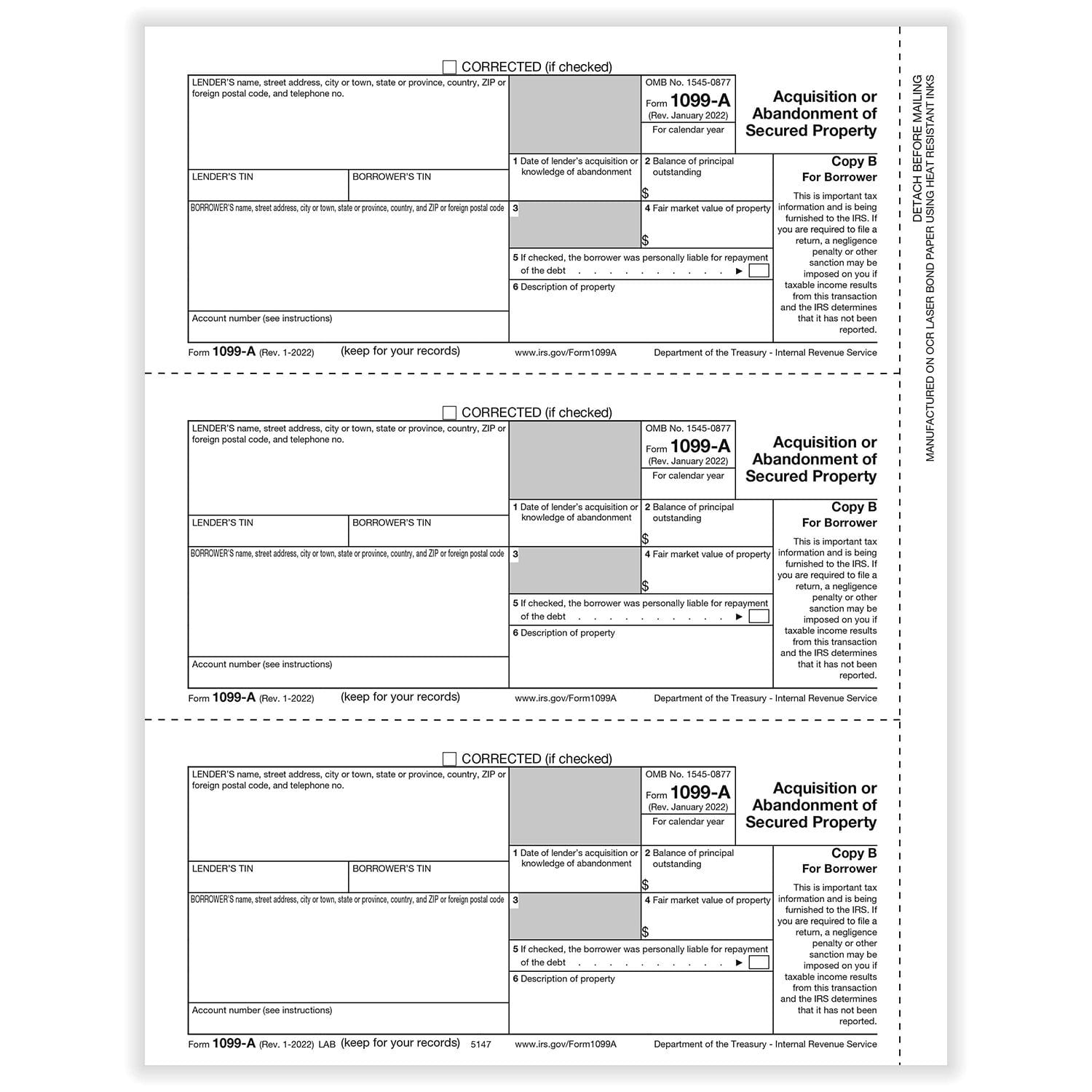 1099-A Borrower Copy B, 50 sheets, 3 forms per sheet, 150 forms