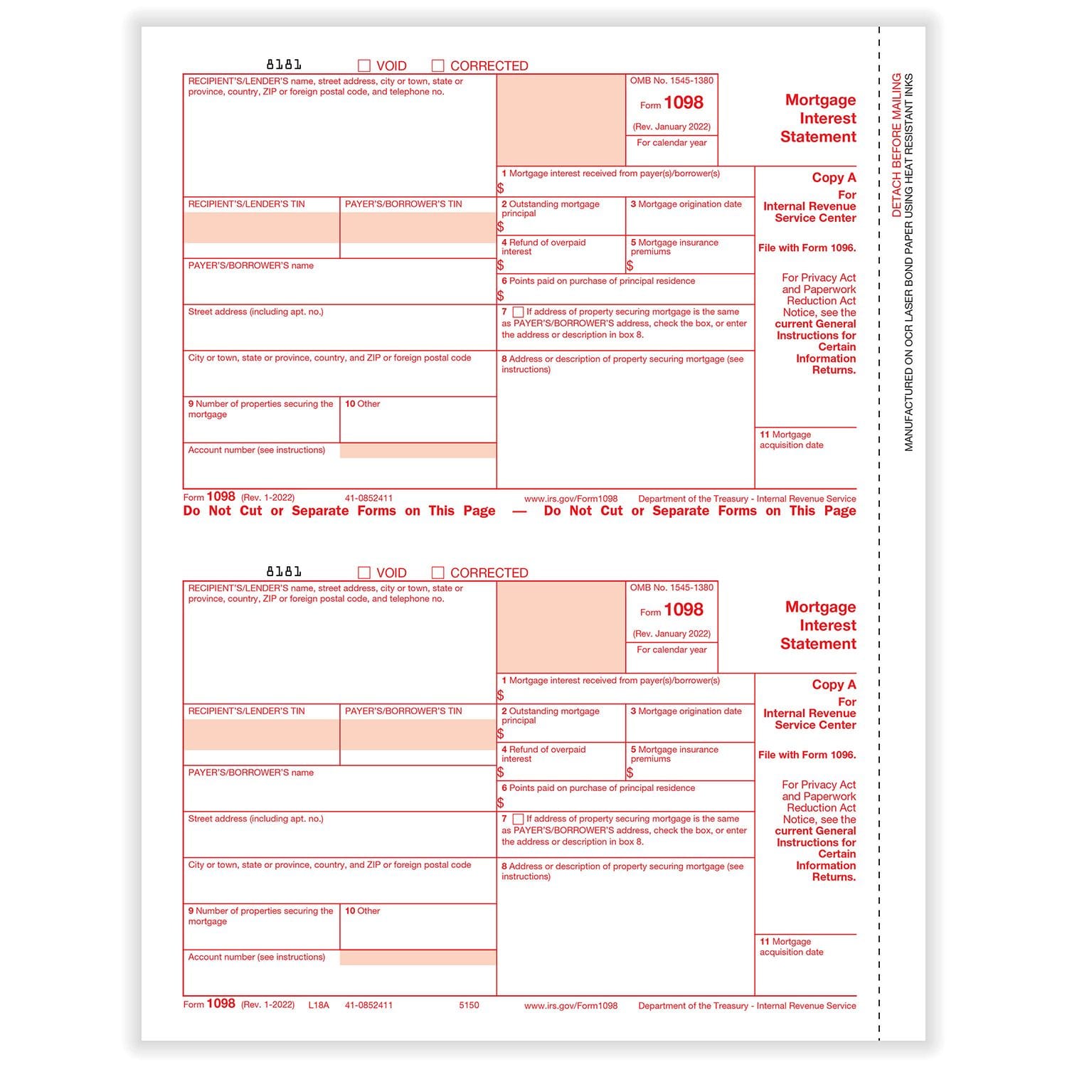 1098 Federal Copy A, 50 sheets, 2 forms per sheet, 100 forms