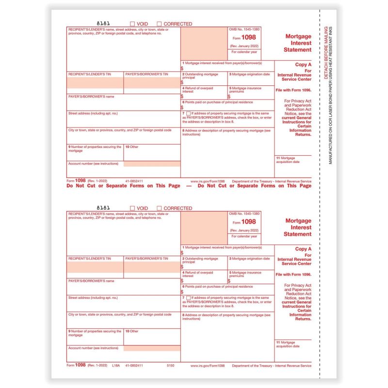 1098 Federal Copy A, 500 sheets, 2 forms per sheet, 1000 forms