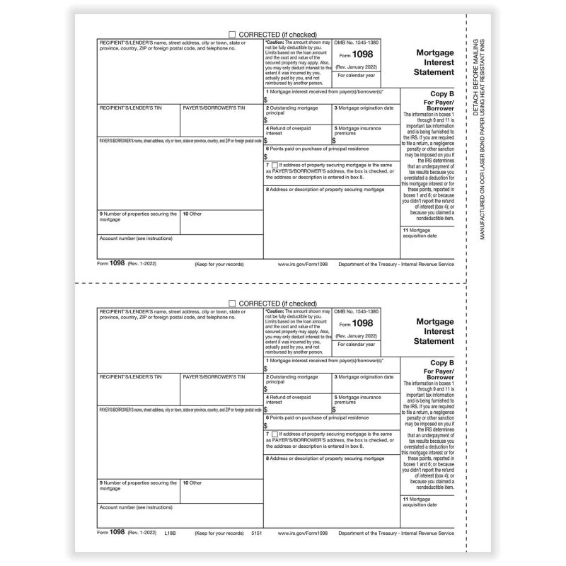 1098 Payer/Borrower Copy B, 50 sheets, 2 forms per sheets, 100 forms