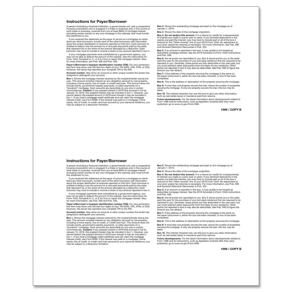 1098 Payer/Borrower Copy B, 500 sheets, 2 forms per sheets, 1000 forms - Image 2