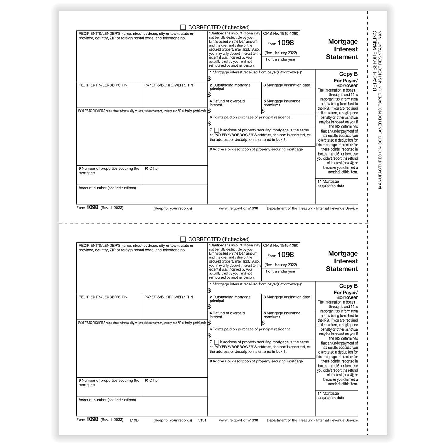 1098 Payer/Borrower Copy B, 500 sheets, 2 forms per sheets, 1000 forms