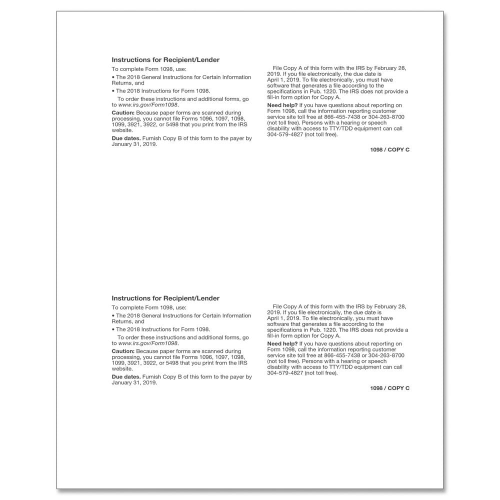 TFP 1098 Recipient/Lender Copy C and/or State Copy - Pack of 100 - Image 2