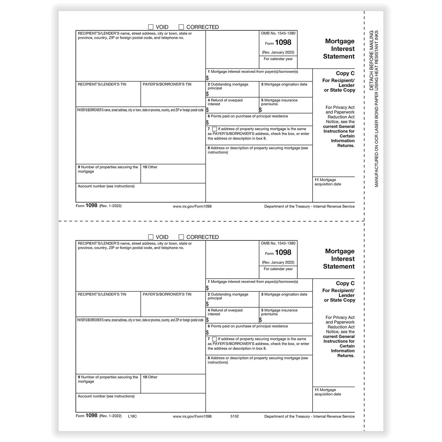 TFP 1098 Recipient/Lender Copy C and/or State Copy - Pack of 100