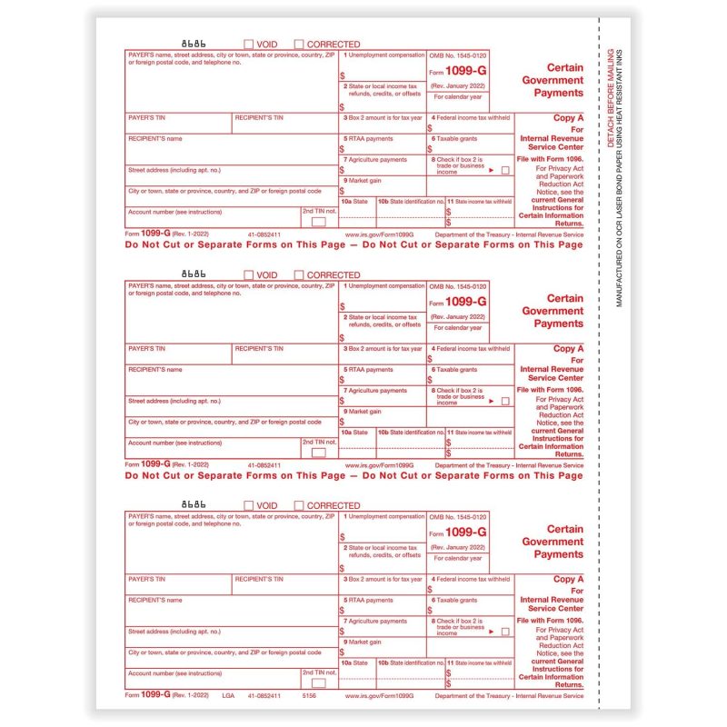 1099-G Federal Copy A, 50 sheets, 3 forms per sheet, 150 forms