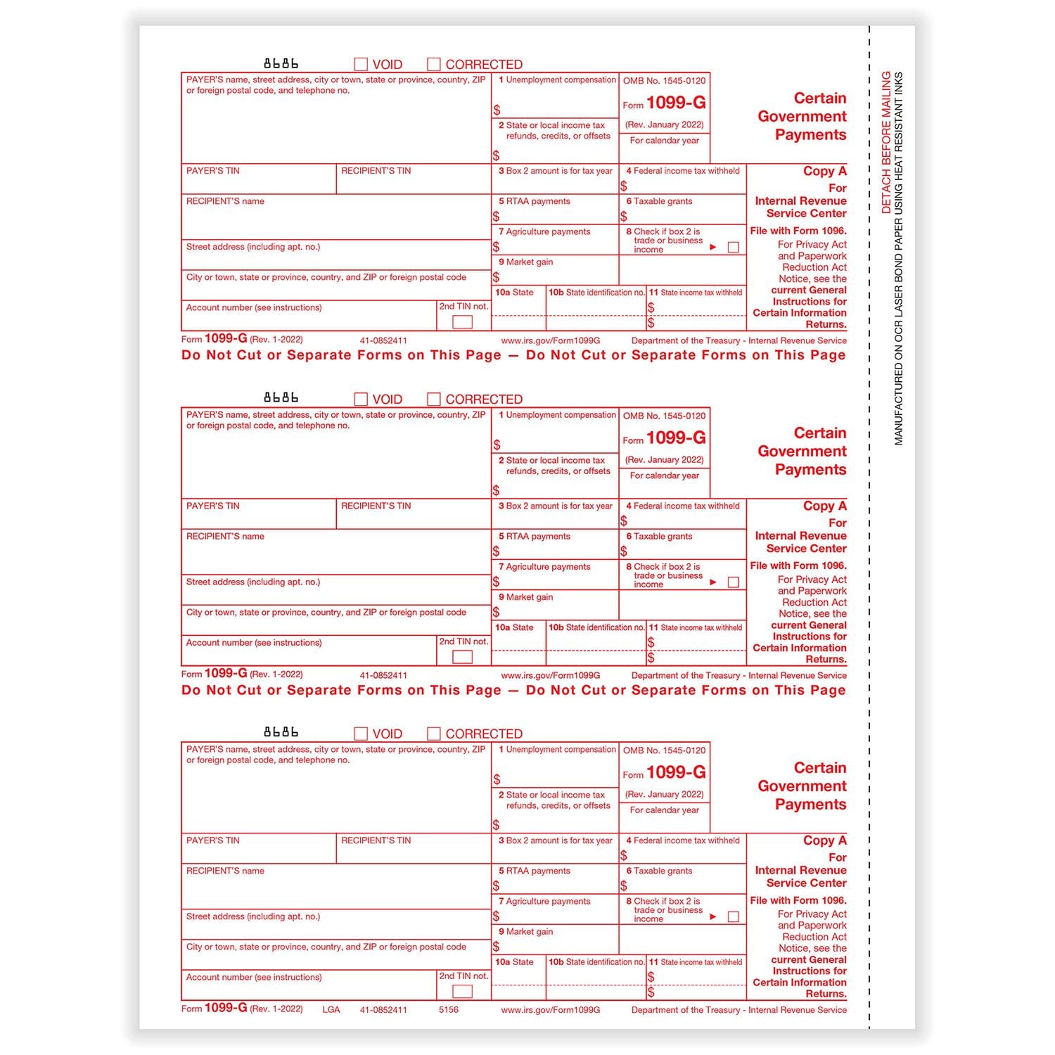 1099-G Federal Copy A, 50 sheets, 3 forms per sheet, 150 forms