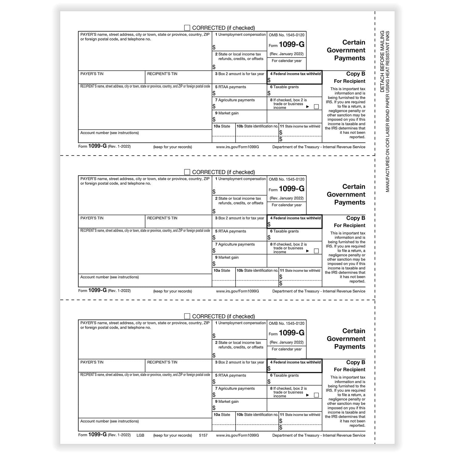 1099-G Recipient Copy B, 50 sheets, 3 forms per sheet, 150 forms