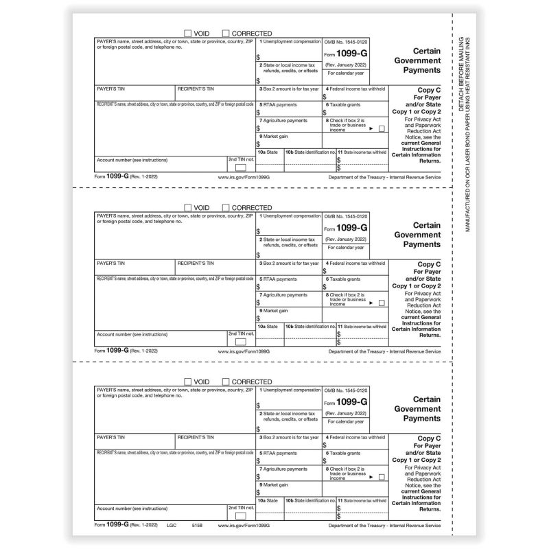 TFP 1099-G Payer Copy C and/or State/Copy 1, 2 - Pack of 100