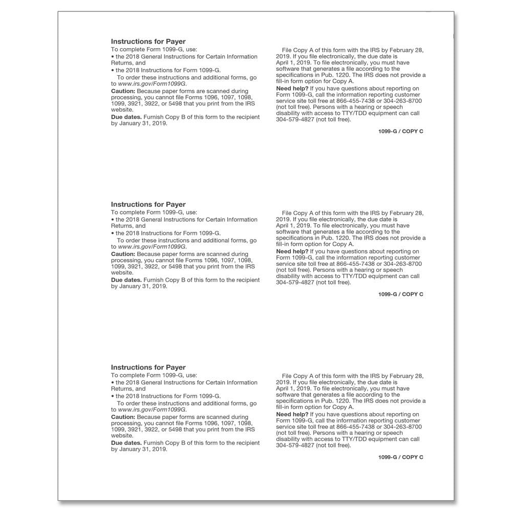 TFP 1099-G Payer Copy C and/or State/Copy 1, 2 - Pack of 100 - Image 2