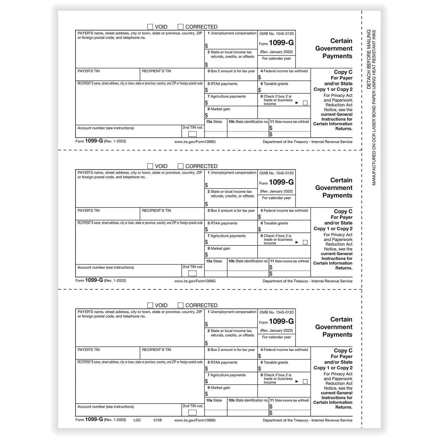 TFP 1099-G Payer Copy C and/or State/Copy 1, 2 - Pack of 100