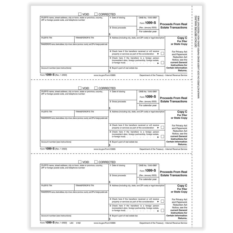 TFP 1099-S Filer Copy C and/or State Copy - Pack of 1000