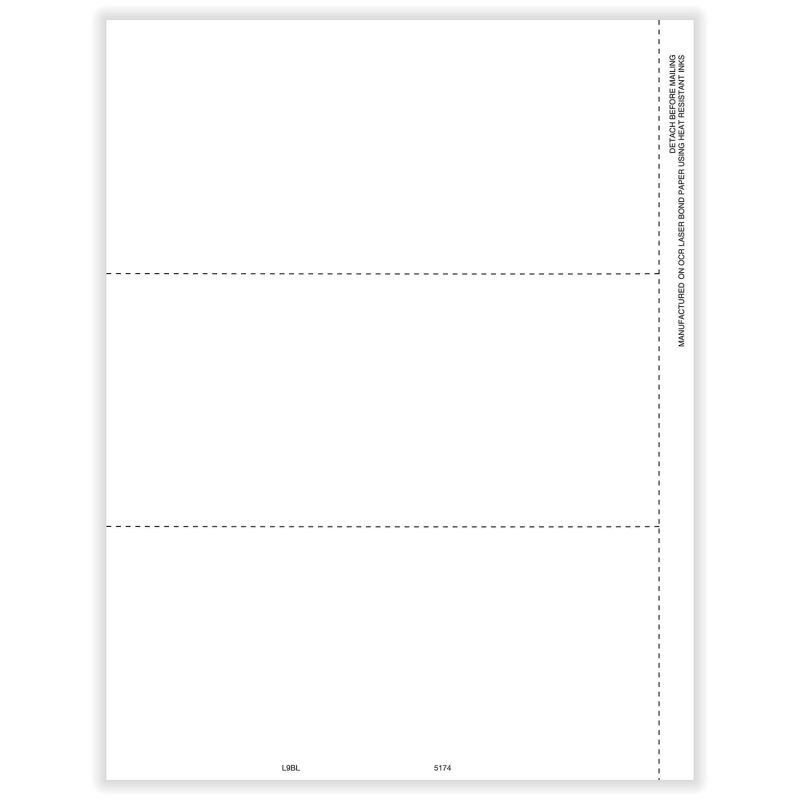 1099, 1098, 5498/W-2G Blank 3-Up Horizontal Perf w/ Stub - 500 sheets. 3 forms per sheet, 1500 forms