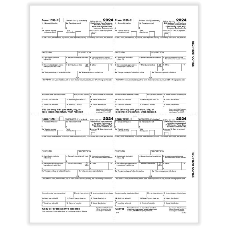 TFP 1099-R 4-Up Box Recipient Copy B, C, 2, 2 - Pack of 100
