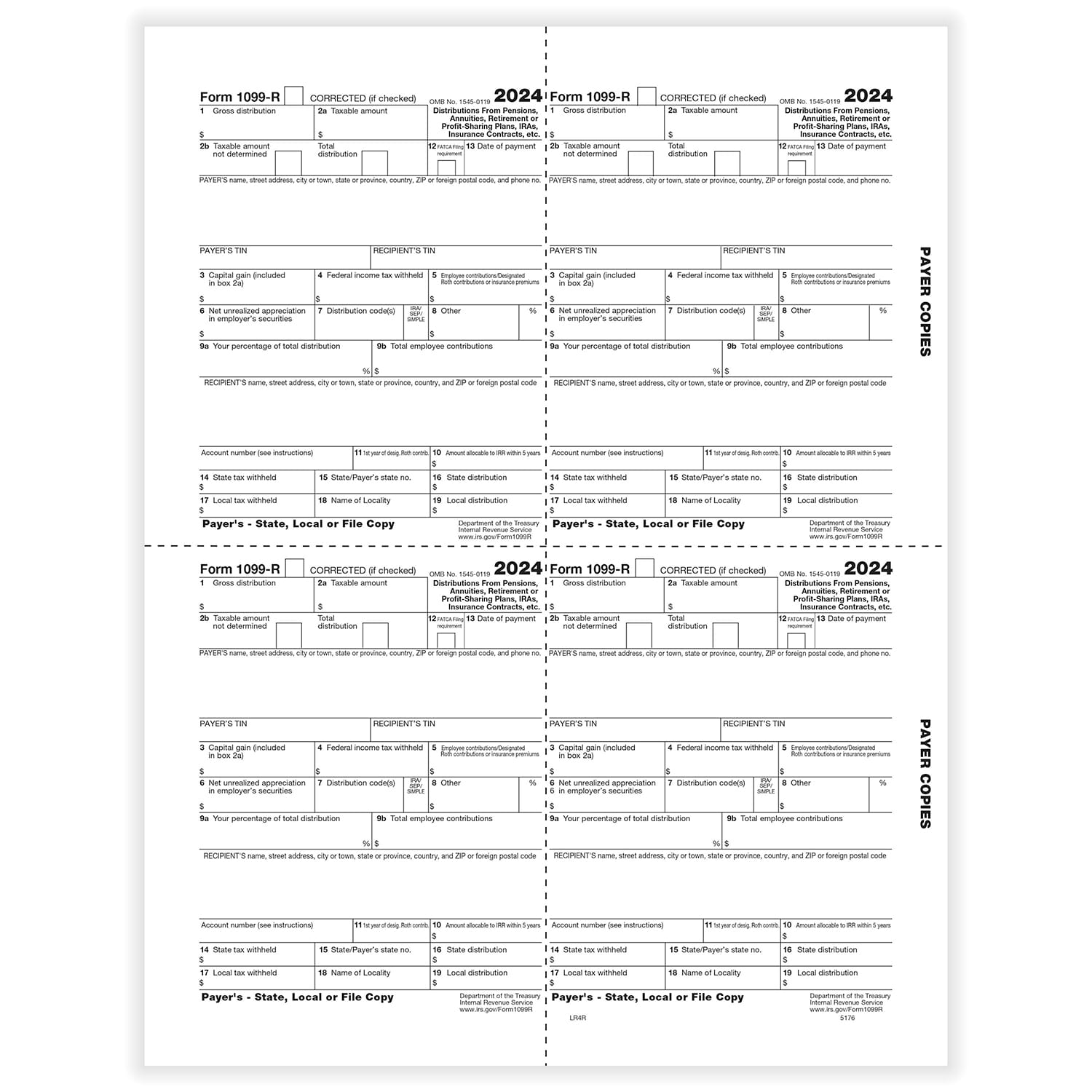 TFP 1099-R 4-Up Box Payer, State, Local or File Copy D, 1, 1, 1 - Pack of 1000