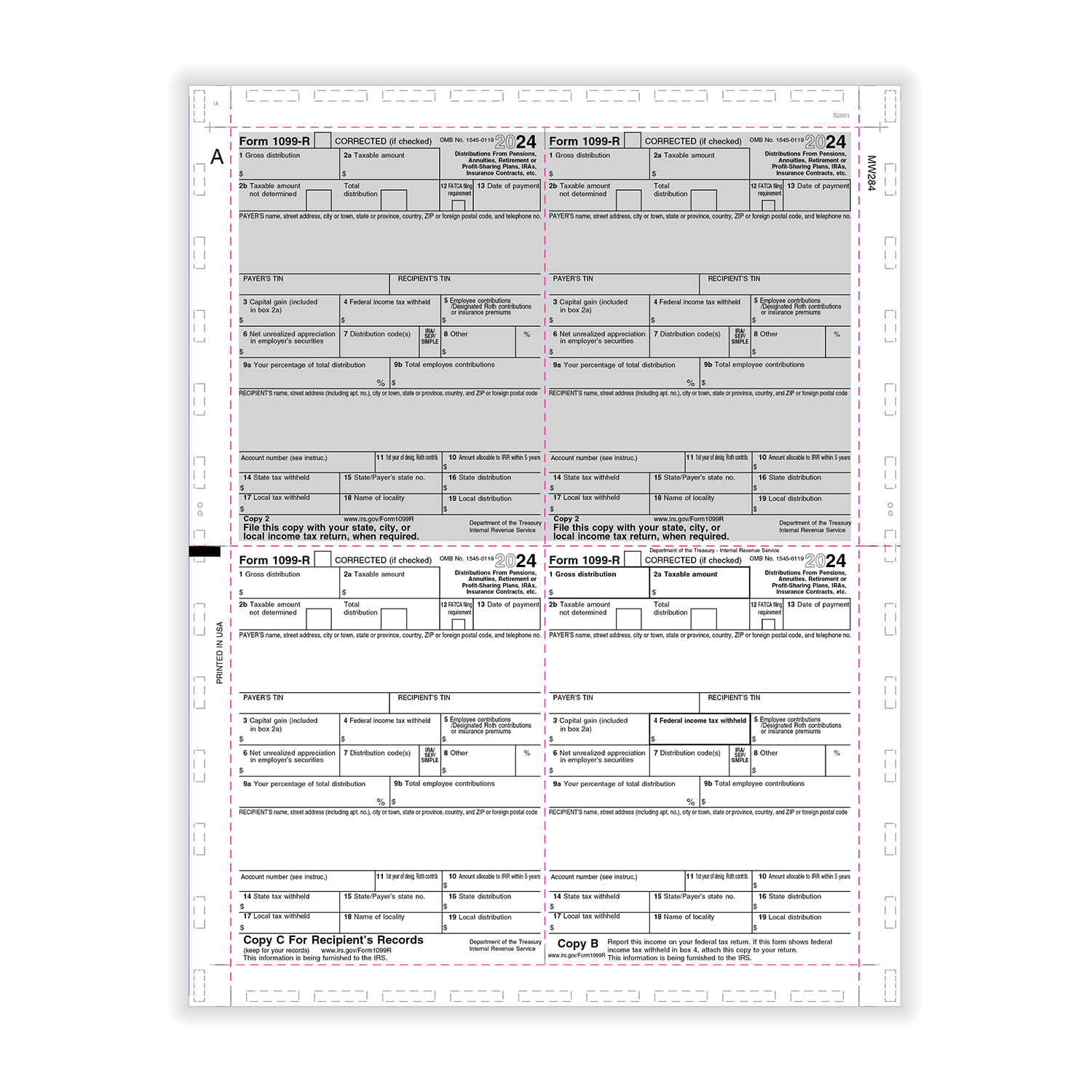 TFP 11" 1099-R 4-Up Box Copy B, C, 2, 2 – V-Fold Duplex - Pack of 500