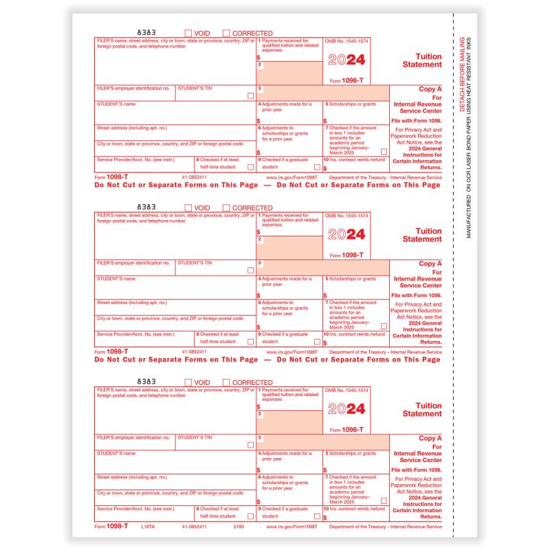 1098-T Federal Copy A - 50 sheets, 3 forms per sheet, 150 forms