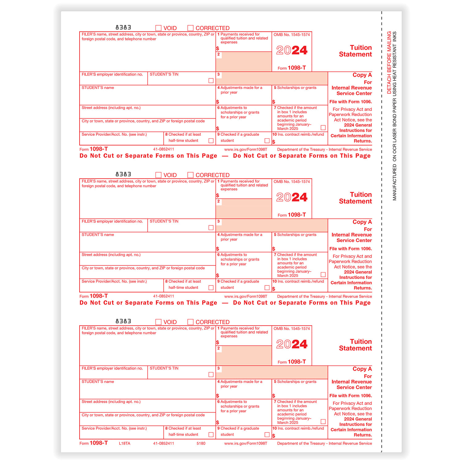 1098-T Federal Copy A - 50 sheets, 3 forms per sheet, 150 forms