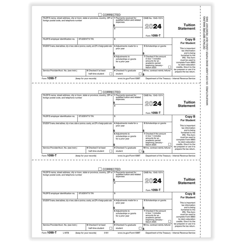 1098-T Student Copy B - 500 sheets, 3 forms per sheet, 1500 forms