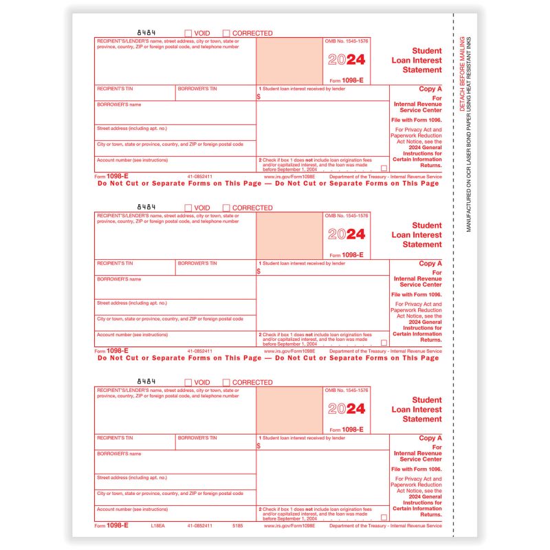 1098-E Federal Copy A - 50 Sheets, 3 forms per sheet, 150 forms