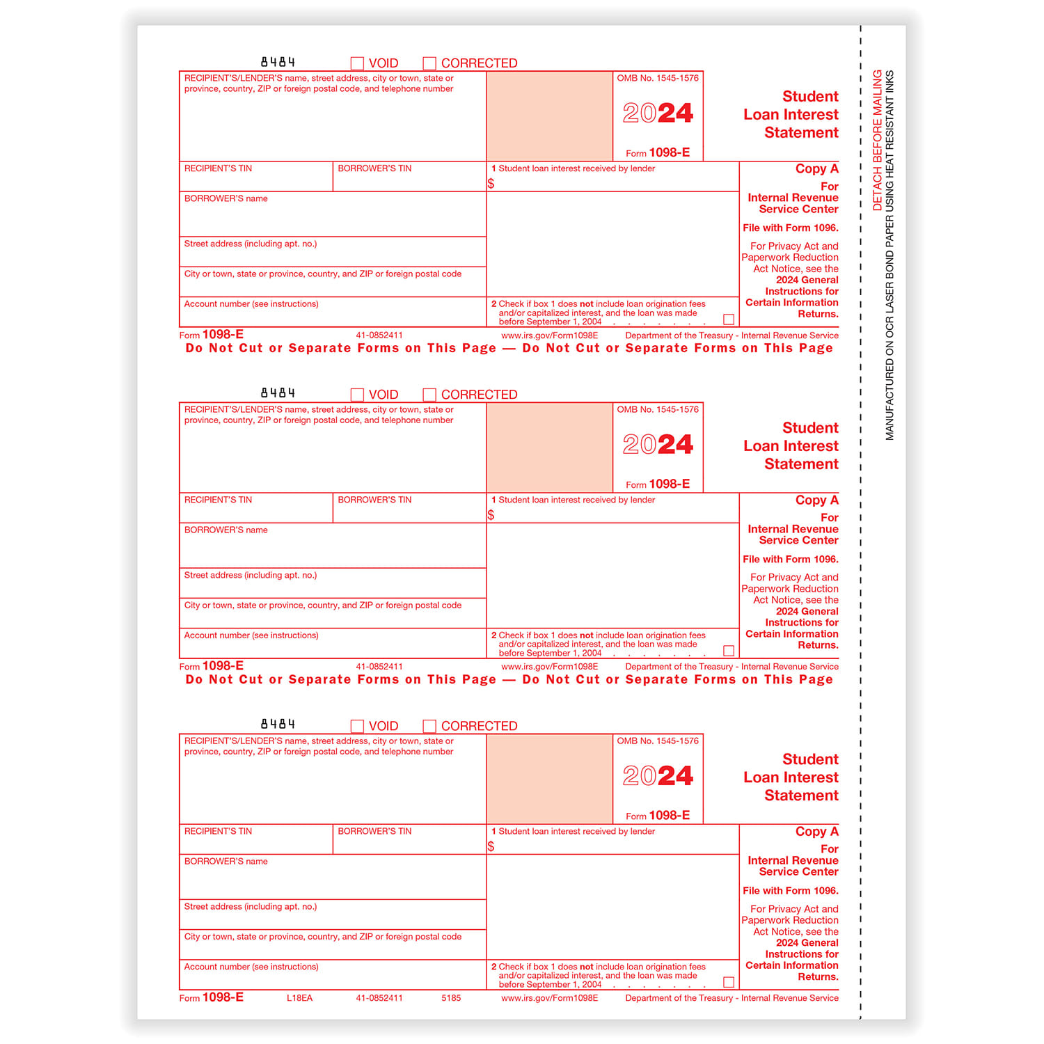 1098-E Federal Copy A - 50 Sheets, 3 forms per sheet, 150 forms