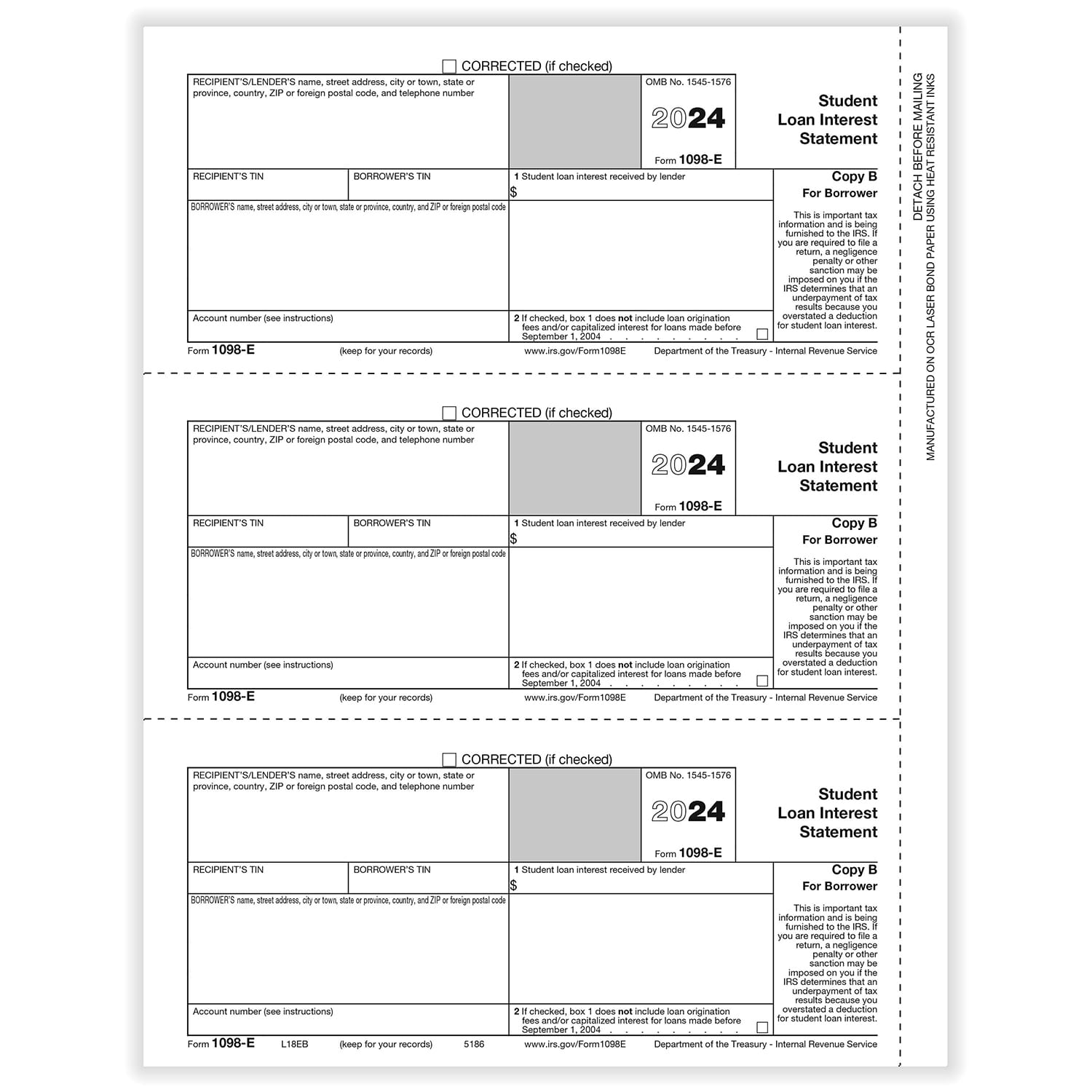 1098-E Borrower Copy B - 50 sheets, 3 forms per sheet, 150 forms