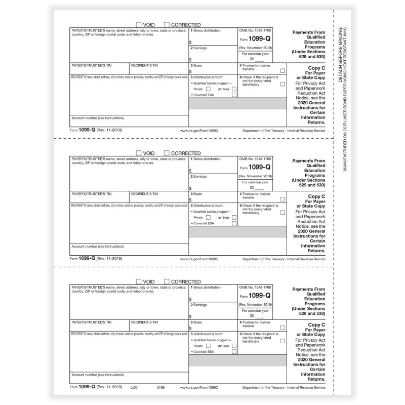 1099-Q Qualified Tuition Payments Payer or State Copy C Cut Sheet (100 Sheets/Pack)
