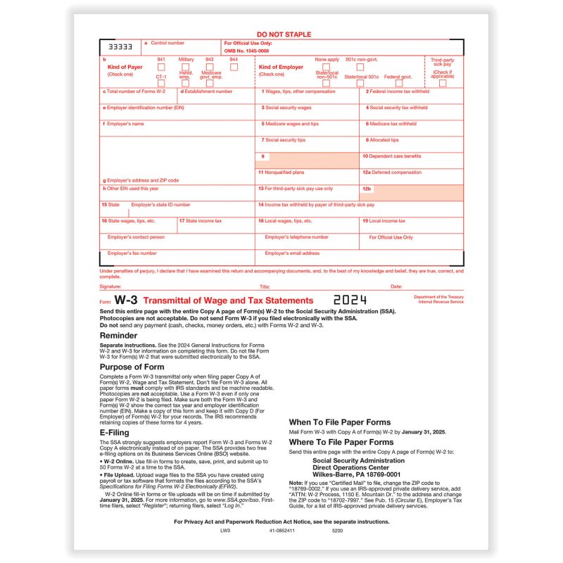 W-3 Transmittal of Income Form, Pack of 25