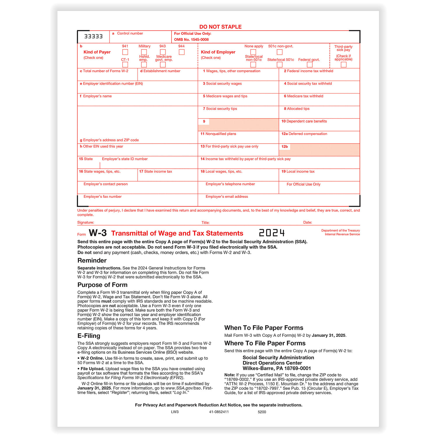 W-3 Transmittal of Income Form, Pack of 500