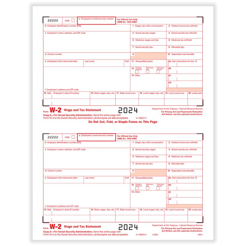 W-2 Federal IRS Copy A, 2-Up - 500 sheets, 2 forms per sheet, 1000 forms