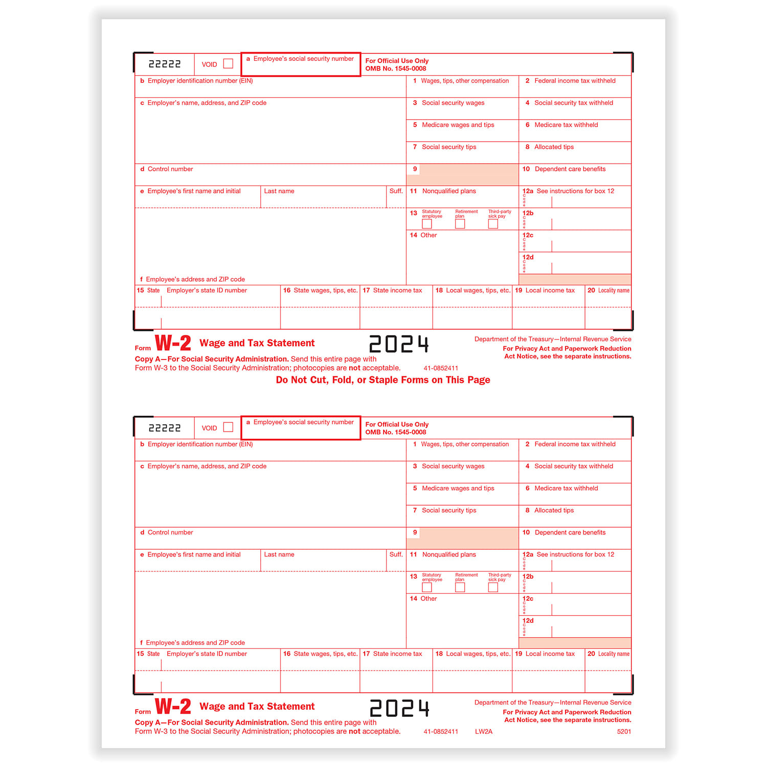 W-2 Federal IRS Copy A, 2-Up - 500 sheets, 2 forms per sheet, 1000 forms