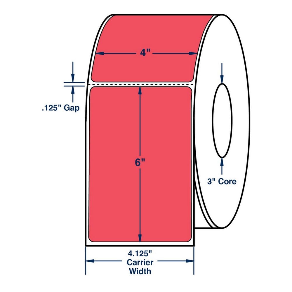 4" x 6" One Across Direct Thermal Labels. Color: Red. (1000 Labels Per Roll, 4 Rolls per Carton)