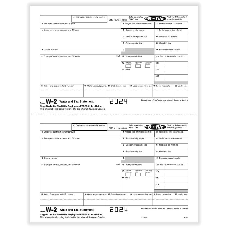 W-2 Employee Copy B 2-Up, Pack of 500 (1000 Forms)