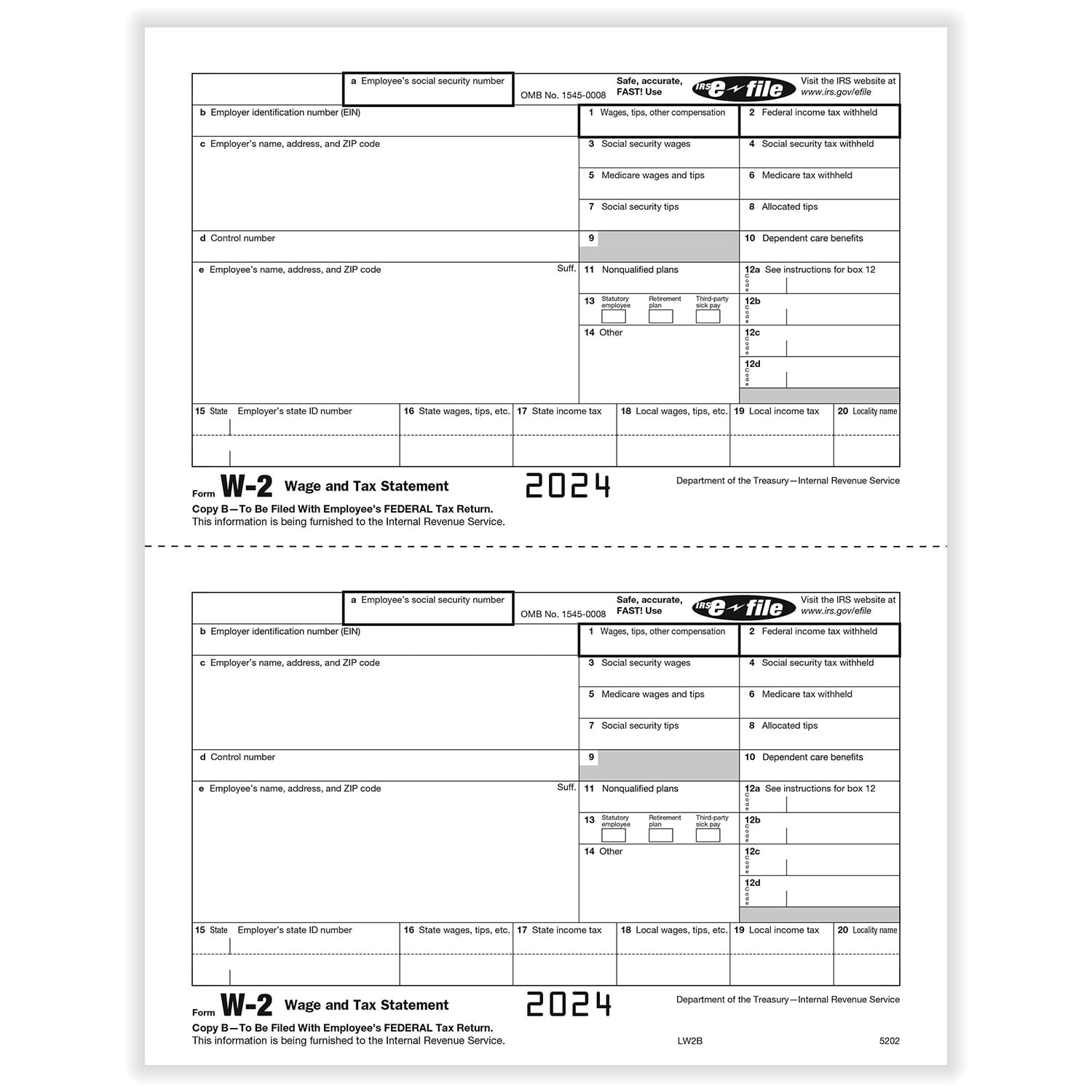 W-2 Employee Copy B 2-Up, Pack of 500 (1000 Forms)