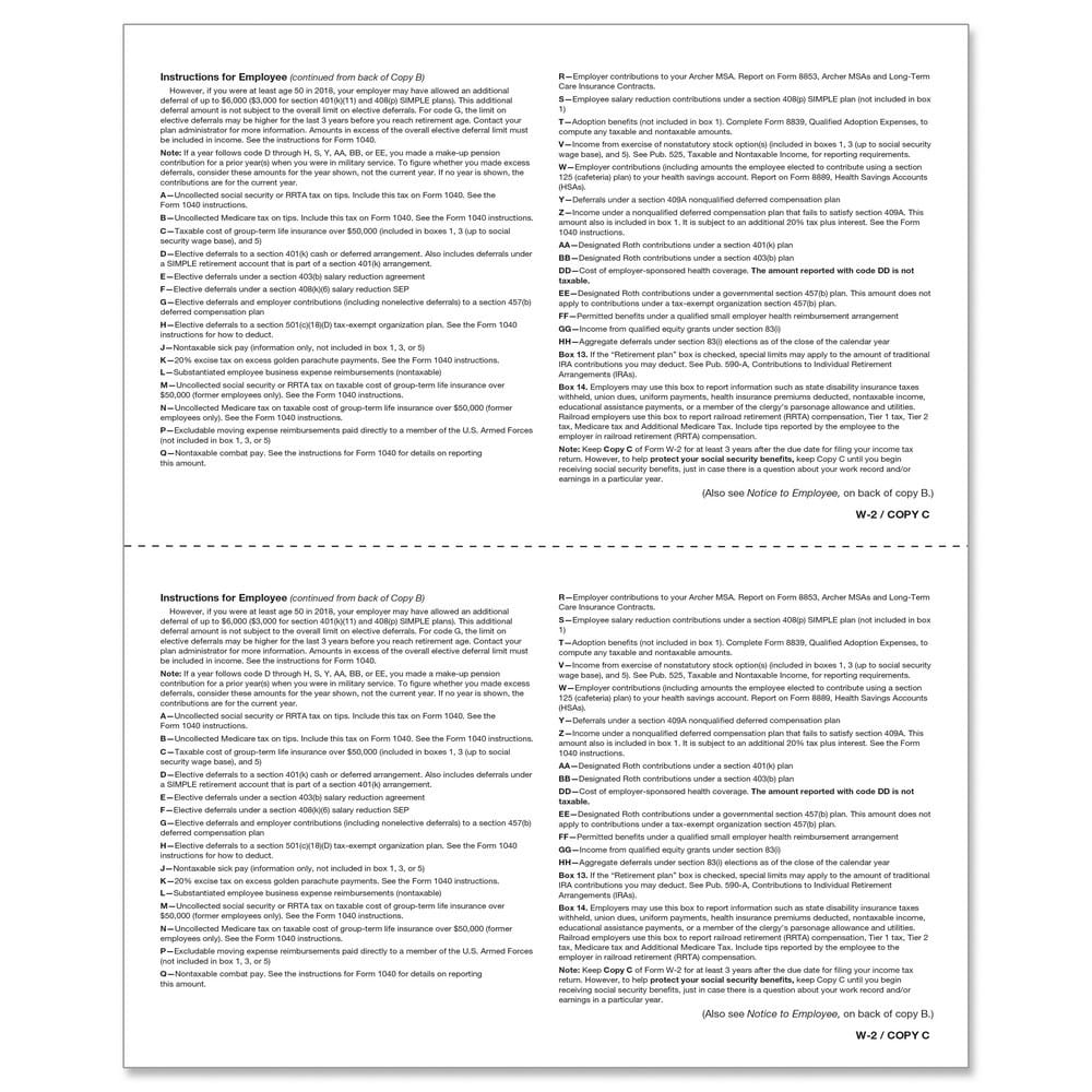 W-2 Employee Copy 2/C, 2-Up, Pack of 500 sheets, 2 forms per sheet, 1000 Forms - Image 2