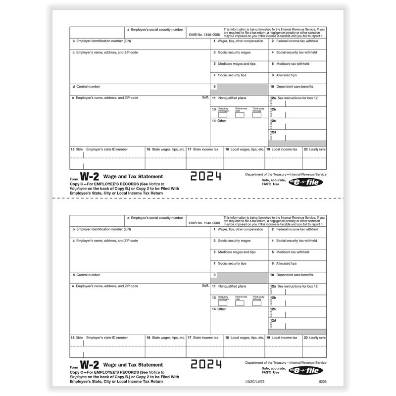 W-2 Employee Copy 2/C, 2-Up, Pack of 500 sheets, 2 forms per sheet, 1000 Forms