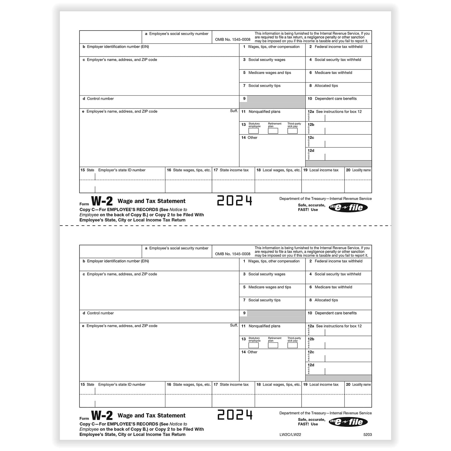W-2 Employee Copy 2/C, 2-Up, Pack of 500 sheets, 2 forms per sheet, 1000 Forms