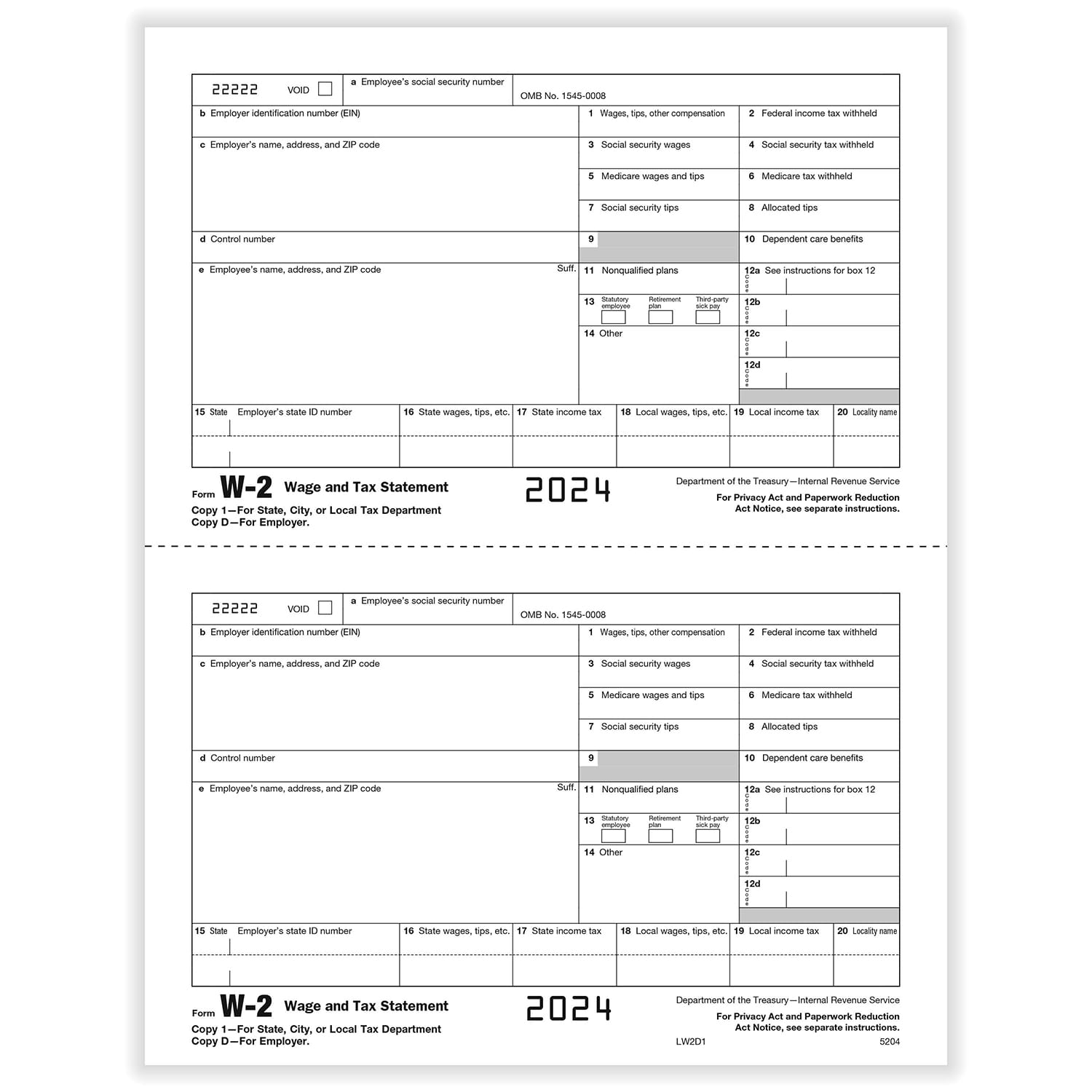 TFP W-2 Employer’s Copy D and/or State, City Or Local Copy 2- Pack of 1000