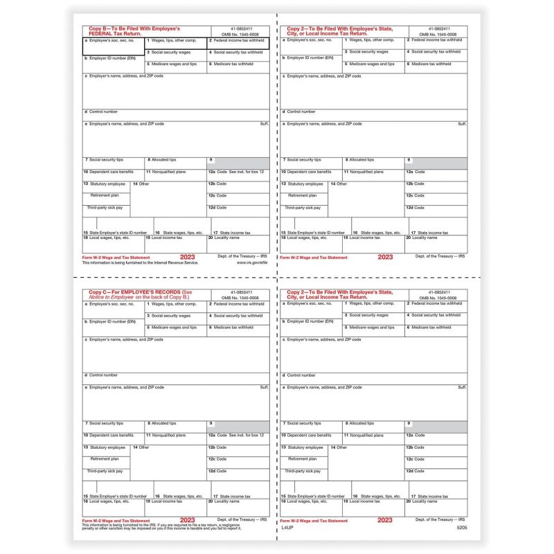 W-2 Employee Copy B,C,2 and 2/Extra Copy, 4-Up (Box), Pack of 500