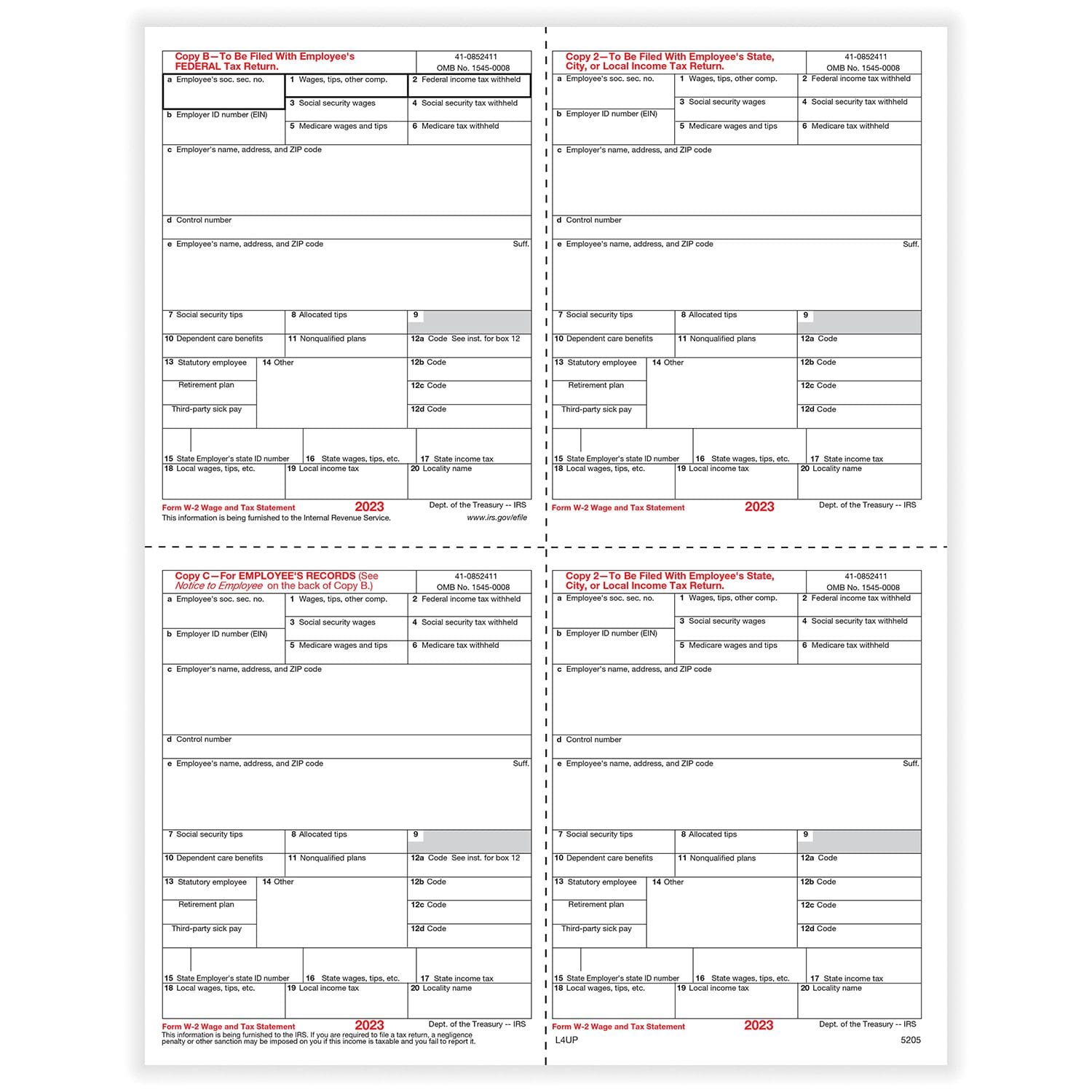 W-2 Employee Copy B,C,2 and 2/Extra Copy, 4-Up (Box), Pack of 500