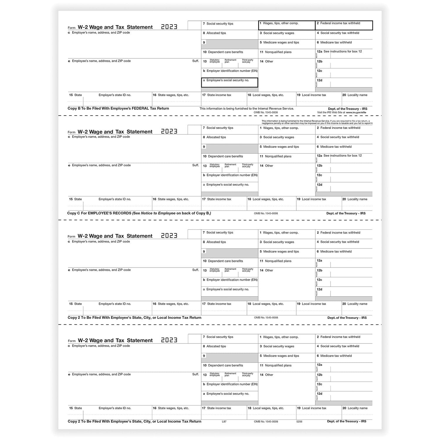 W-2 Employee Copy B/C/2/2 or Extra Copy, 4-Up (Horizontal), Pack of 500