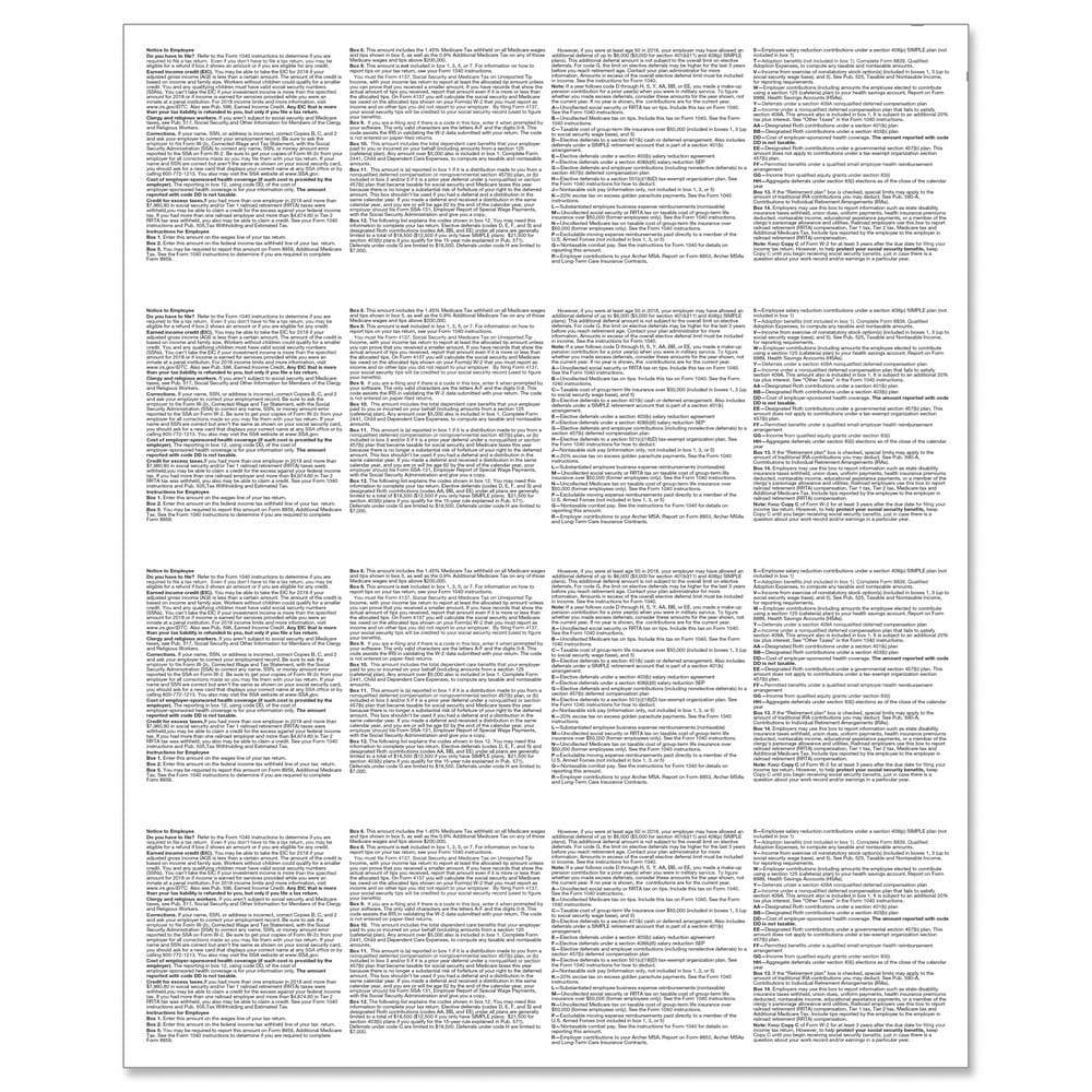 W-2 Blank, 4-Up, Horizontal w/ Backer Instructions, Pack of 500 - Image 2