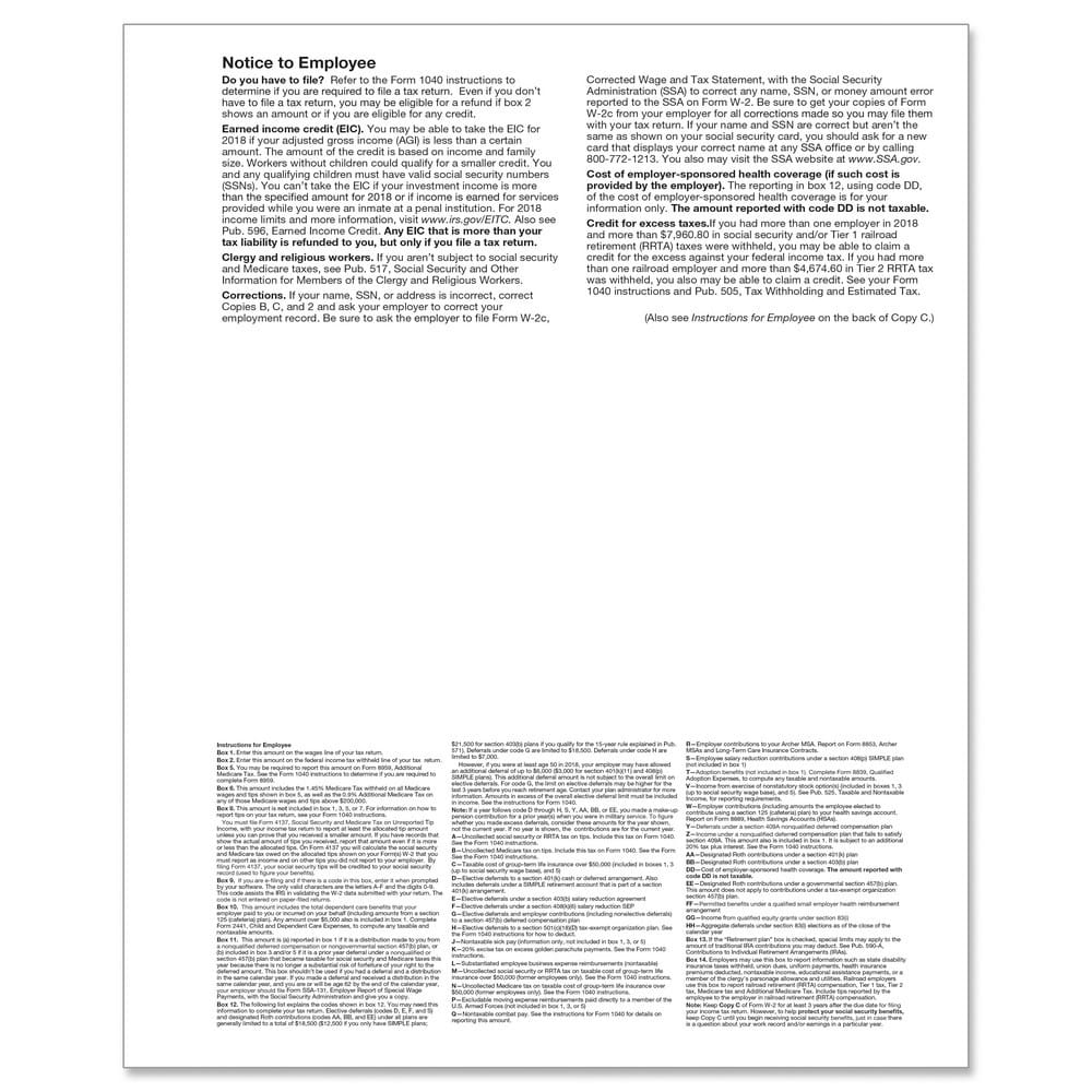 W-2 Employee Copy B,C and 2, 3-Up (Horizontal), Pack of 500 - Image 2