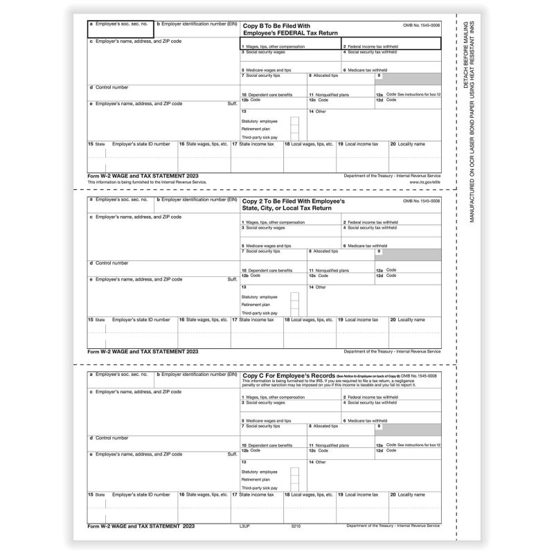 W-2 Employee Copy B,C and 2, 3-Up (Horizontal), Pack of 500