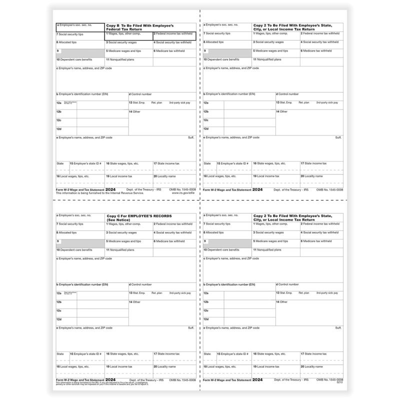 TFP W-2 T-Style Alternate 4-Up Employee’s Copies B, C, 2, 2 - Pack of 100