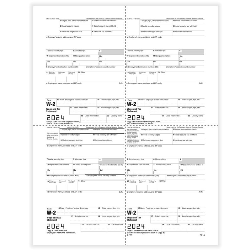 TFP W-2 M-Style Alternate 4-Up Employee’s Copies B, C, 2, 2 - Pack of 100