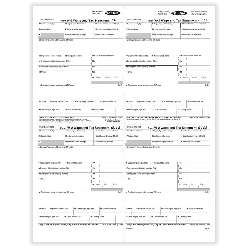 W-2 Employee Copy B,C,2,2 or Extra Copy (W Style), 4-Up (Box), Pack of 25