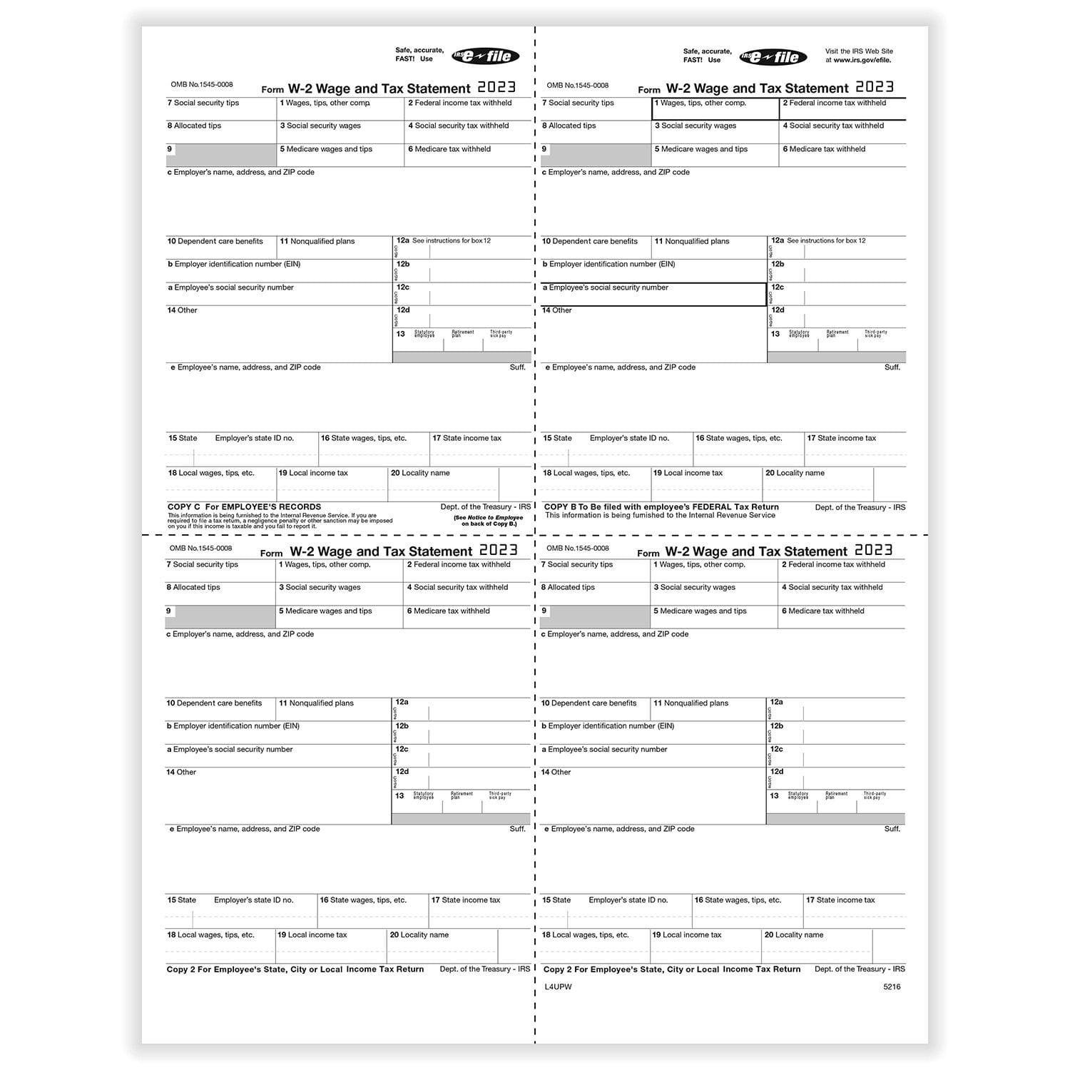 W-2 Employee Copy B,C,2,2 or Extra Copy (W Style), 4-Up (Box), Pack of 25