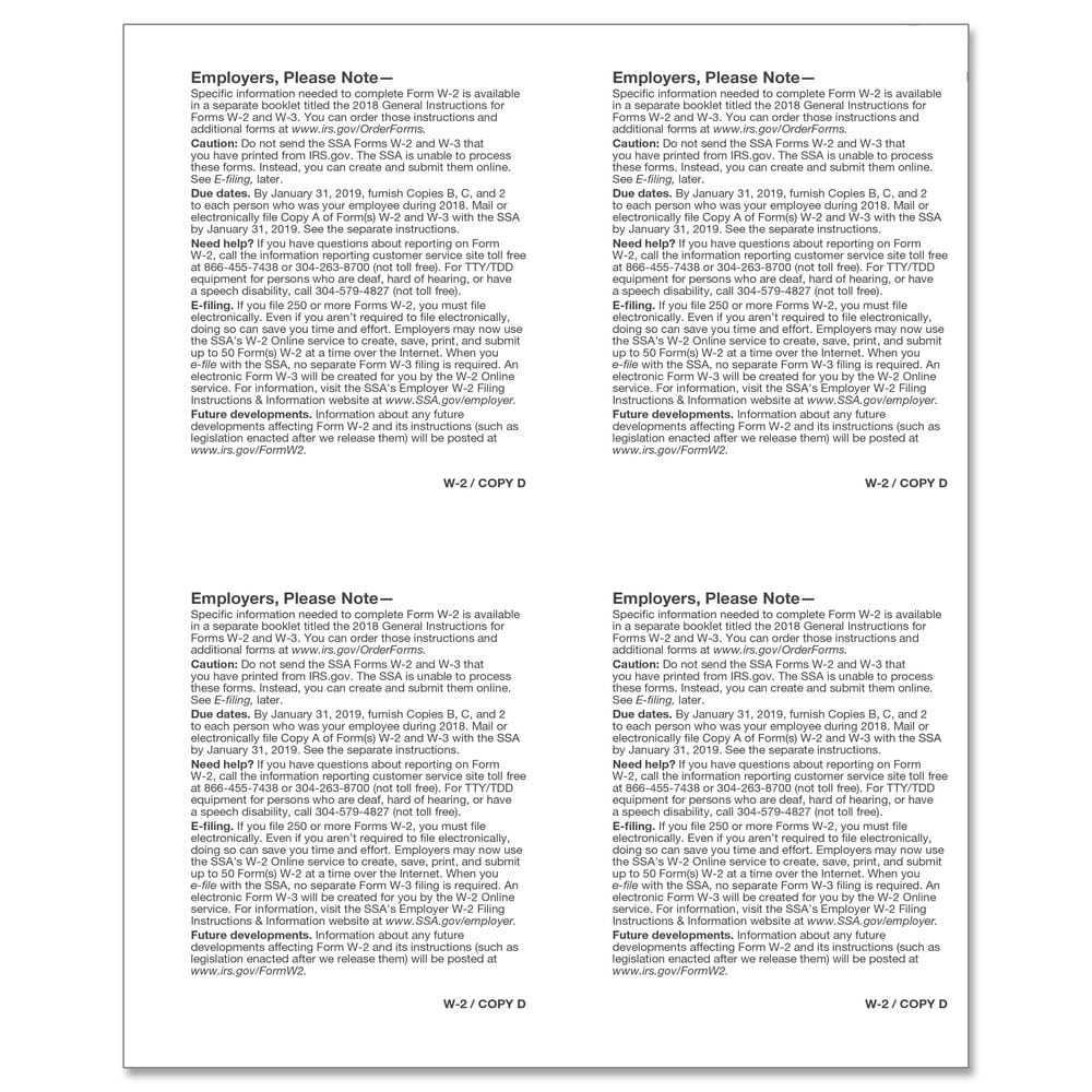 TFP W-2 W-Style Alternate 4-Up Employer’s Copies 1/D, 1/D, 1/D, 1/D - Pack of 100 - Image 2