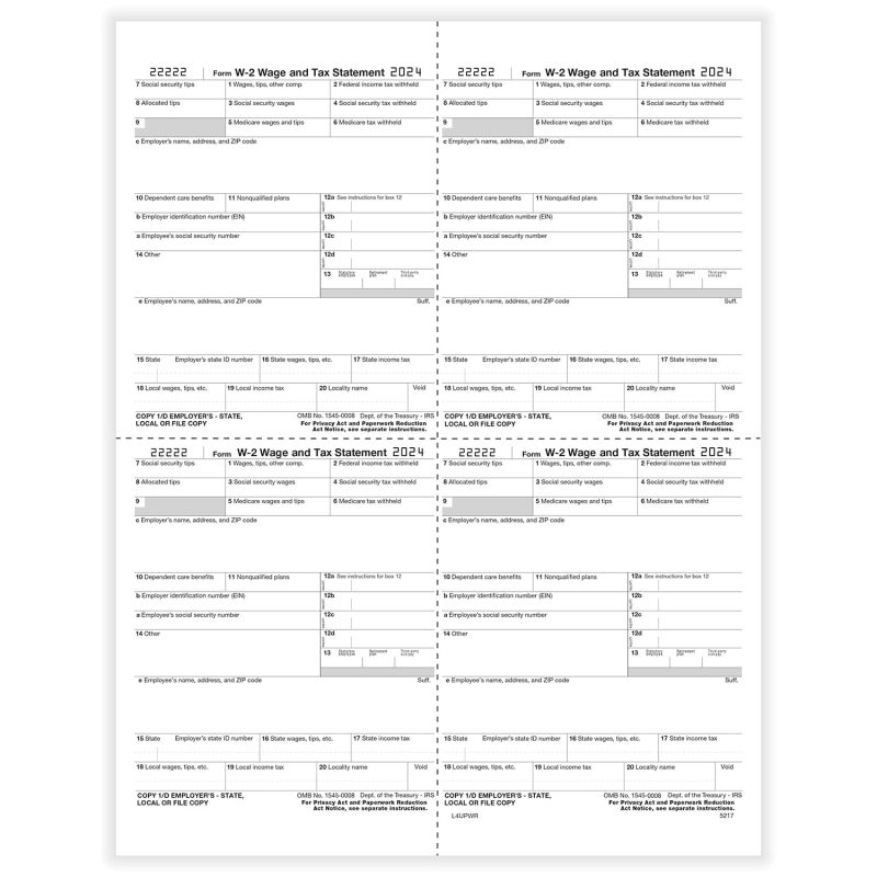 TFP W-2 W-Style Alternate 4-Up Employer’s Copies 1/D, 1/D, 1/D, 1/D - Pack of 500